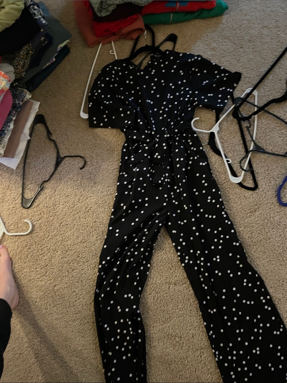 Nasty gal Black Polka Dot short sleeved Jumpsuit with Waist Tie